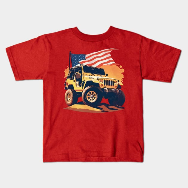 Vintage Summer 4th of July Jeep Beach Sunset car Kids T-Shirt by 8 Fists of Tees